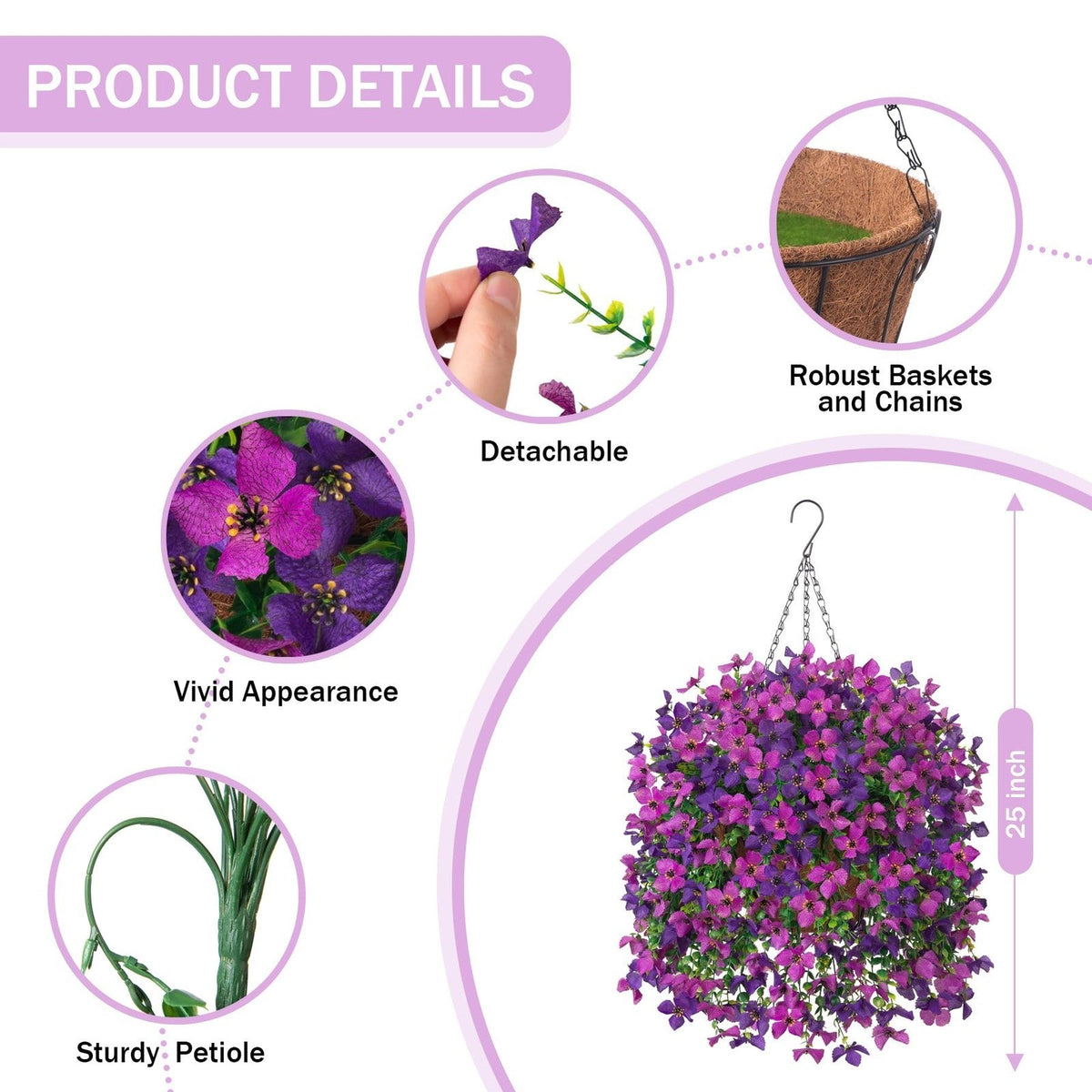 Artificial Hanging Flowers Plants with Basket for Outdoors, Realistic Faux Si...